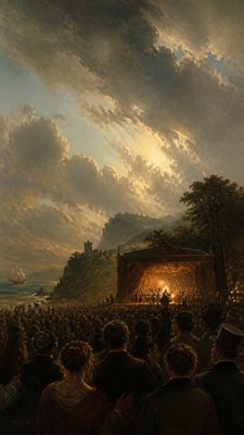 a live music scene with a glowing stage and silhouetted crowd, energetic vertical composition with open space at the top, no text