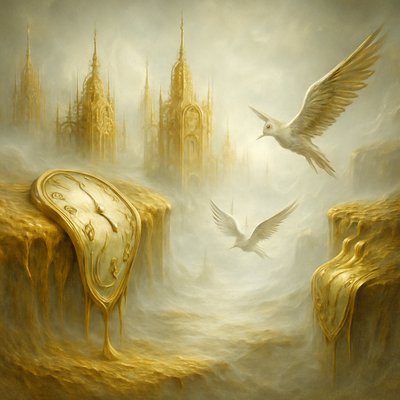 Create a surrealist artwork in high definition, blending gold and white tones. Depict ethereal, dreamlike landscapes with shimmering golden structures-like floating palaces or delicate filigree towers-emerging from a misty, white void. Add surreal elements, such as clocks meltingover golden cliffs or white-winged creatures with metallic feathers, inspired by Dalí's style. Ensure vibrant contrast between the radiant gold and crisp, luminous white, with smooth textures and intricate details for a hyper-realistic yet fantastical effect.