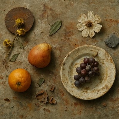 still life arrangement of fruits and flowers