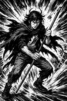 a black and white drawing of a man holding a spear