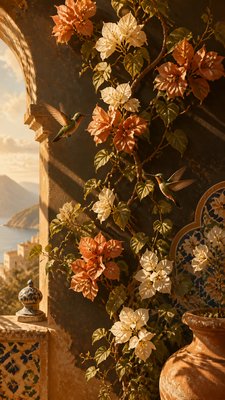 a climbing vine of flowers and hummingbirds on a dark background, tall wrapping composition, no text