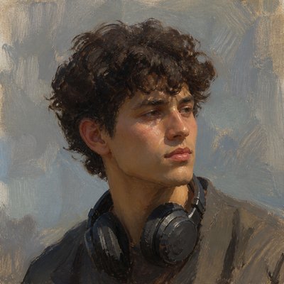 head-and-shoulders portrait of an original character: a young man with curly dark hair and headphones around his neck, plain backdrop, no text