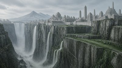 a cliffside city with waterfalls cascading into a misty canyon, wide establishing shot, no people, no text