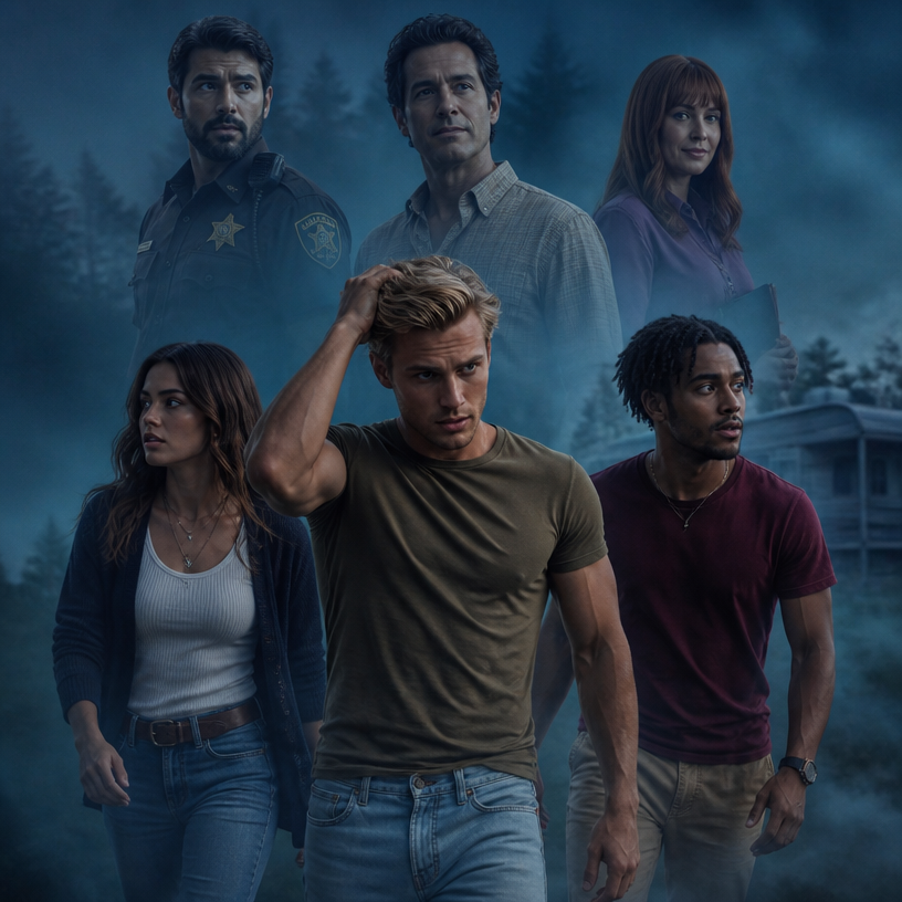 Ok tu me fait 7 personnages de roman , on va commencer avec un homme dans la trentaine tres beau il est blond, il passe sa main dans ses cheveux, on voit le biceps il est en T-shirt avec un jean à côté de lui, il se trouve un autre mec métisse hyper séduisant a sa gauche , lui aussi décontracté. Ensuite, je veux qu’à droite tu me dessines une femme dans la vingtaine, très magnifique aussi brune, habillé un peu en mode pull color jean elle a genre un collier etc. Tres yong adulte en hauteur derrière eux. Donc pas vraiment genre sur le sol, c’est plus une image de tous les persos comme un roman un policier dans les 30 ans, et alors là je veux que tu m’écoutes un autre homme à peu près la 40, les cheveux noirs un peu gris bouclé, sur les côtés, il a pas de lunettes il est en chemise, on dirait un peu un maire de la ville un daddy pas de barbe, pas de moustache. Il a l’air pas gros, mais pas maigre. Juste un air de Daddy. Et enfin un troisième personnage, une femme dans la trentaine quarantaine avec une frange qui a l’air d’être un peu secrétaire ou je sais pas quoi elle est rousse. Une ambiance assez froide avec un brouillard glaçant autour de une forêt, un caravane je sais pas une ambiance vraiment inquiétante et vraiment je veux une ambiance comme si on parlait d’un roman genre les trois personnes en haut, ils sont petits enfin ils sont représentés en plus petit que les trois les mais ils sont genre en haut, tu vois genre, on voit pas leurs gens et etc. comme une affiche en gros ils sont pas genre sur une montagne les trois premiers personnages, ils sont vraiment sur le sol quoi genre, on voit pas le sol, mais on voit qu’ils sont les uns derrière les autres la fille à gauche le mec noir à droite le blond devant il regarde tous faire un point fixe comme si il courait ou je sais pas le policier, je veux qu’il soit pas comme les autres, genre un policier avec une barbe, les cheveux noirs mais le mien, et le daddy je ne veux en aucun cas qu’il est les cheveux gris, j’ai bien dit les cheveux noirs assez milong bouclé pour te donner un autre idée, je veux qu’il ressemblepour te donner un autre idée, je veux qu’il ressemble à tom loftis de widow’s bay je veux vraiment que le maire comme je l’ai dit, il soit vraiment une ambiance décrivant pas un homme sérieux qui cherche l’ambition du pouvoir ou je sais pas quoi genre vraiment une une chemise démodé voilà quoi tu vois ce que je veux dire une ambiance vraiment écrivain un peu et le policier, je veux qu’il soit en uniforme de shérif. Et le métisse peut être des locks quelque chose qui le rend nique pas des comme tout le monde, je sais pas moi des wave en afro, peu importe et la fille en fait finalement je veux qu’elle ait genre un cardigan noir ou bleu Je veux une ambiance bleue pas grise et je le retiens encore une fois le maire, je ne veux pas qu’il ait la mâchoire carrée, je veux pas qu’il y ait forcément une mâchoire dessinée ou je sais pas quoi, j’ai juste dit pas gros, ça veut dire genre une mâchoire t’écrivain, légère, pas quelqu’un, on dirait, il sole kilos qui fait du sport avec la mafia ou je sais pas quoi arrête c’est bon là et mets un peu de couleur dans les dans leurs vêtements. Genre le mec blond il a un T-shirt kaki un jean bleu clair. Le mec métisse il a un T-shirt rouge sombre avec un pantalon beige je sais pas moi quelque chose la fille elle a un T-shirt blanc avec son cardigan le maire, il a une chemise beige avec des carreaux assez entrouvertes le policier bah il a son uniforme et la secrétaire je sais pas moi elle a décidé de mettre du violet ce jour-là