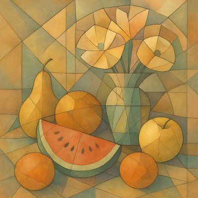 still life arrangement of fruits and flowers