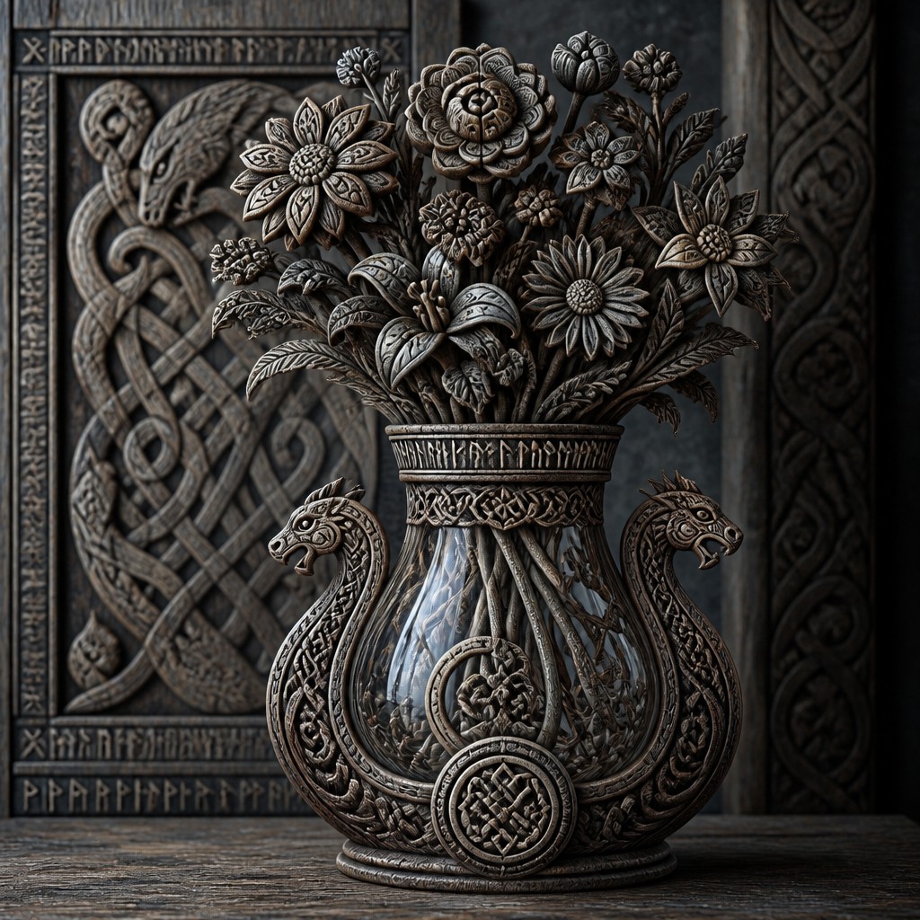 bouquet of flowers in a glass vase — Viking Art Style