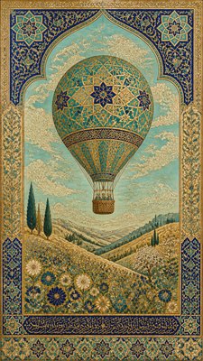 a hot air balloon drifting over rolling flower fields on a sunny day, cheerful, no text