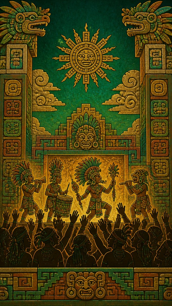 a live music scene with a glowing stage and silhouetted crowd, energetic vertical composition with open space at the top, no text