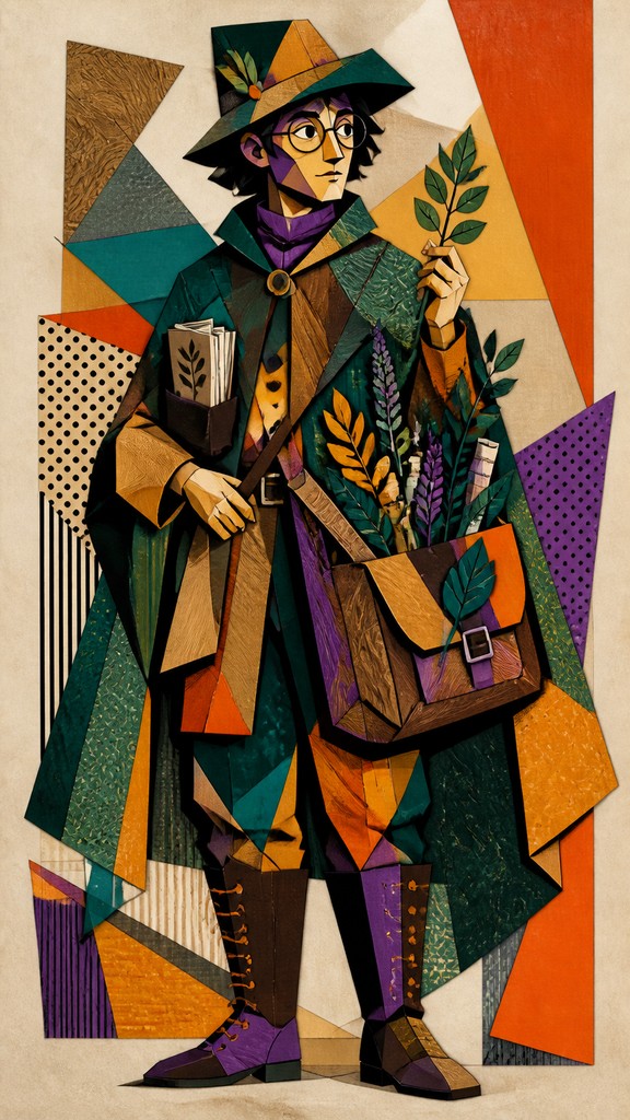 full-body original character: a wandering botanist with a satchel of plants, a patched green cloak, tall boots and round glasses, neutral background