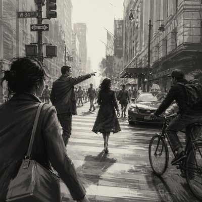 urban street with city activity — Implied Line Art Style