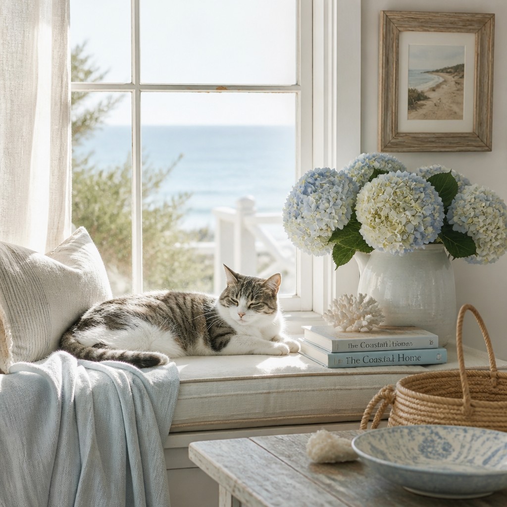 a cat lounging in a sunlit window — Coastal Grandmother Aesthetic