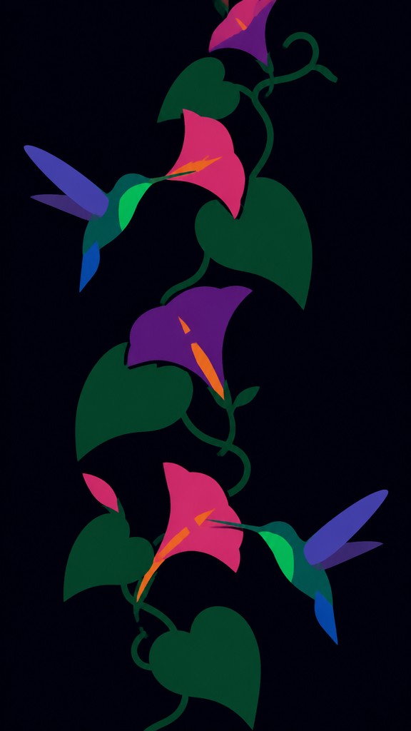 a climbing vine of flowers and hummingbirds on a dark background, tall wrapping composition, no text