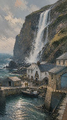 towering waterfall cascading down a cliff