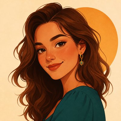 head-and-shoulders portrait of an original character: a young woman with wavy chestnut hair and a warm smile, plain soft backdrop
