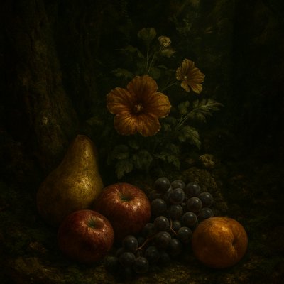 still life arrangement of fruits and flowers