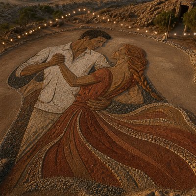 an original couple dancing under string lights in a garden at dusk: a man with short black hair in a linen shirt and a woman with braided red hair in a summer dress