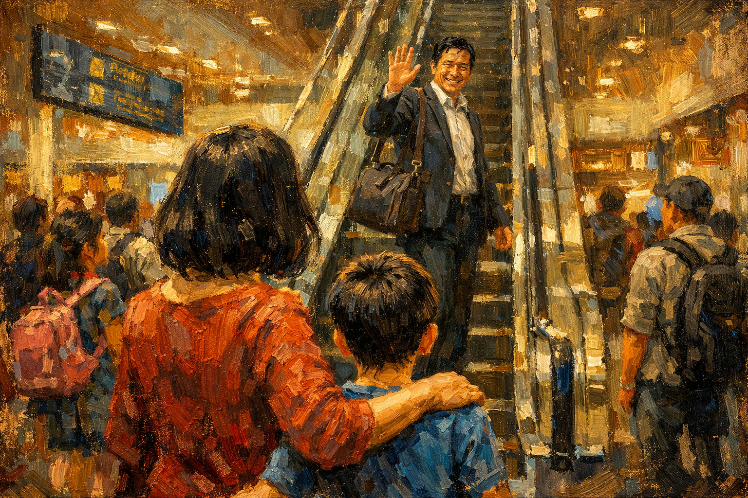 At the bustling Kuala Lumpur airport, Wing-Sun and his Mother say farewell to his father before he leaves for a six‐week business trip to London. We see Wing Sun and his mother from the back, as Father stands on the escalator going up to his departure gate, and turns toward us to wave goodbye. Many other passengers and children are standing around. The airport is modern and well lit.