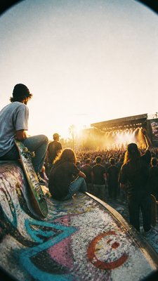 a live music scene with a glowing stage and silhouetted crowd, energetic vertical composition with open space at the top, no text