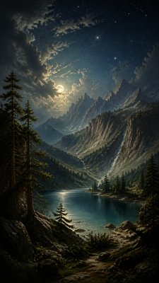a tranquil mountain lake beneath a starry night sky, no people, no text
