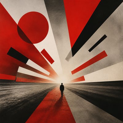 a solitary figure walking toward a glowing horizon across an empty plain, moody atmosphere, no text or lettering