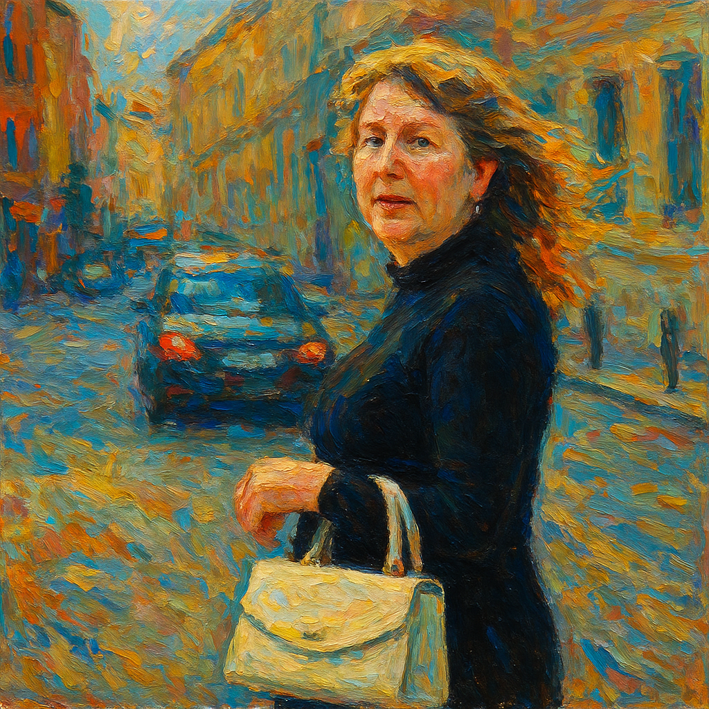 a painting of a woman walking down the street