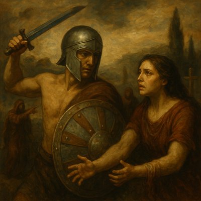a painting of a man and a woman holding a sword