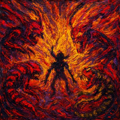 a painting of a person surrounded by flames