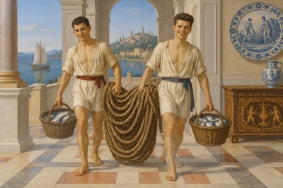 a painting of two men carrying baskets of food