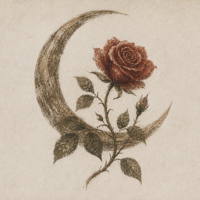 a rose entwined with a crescent moon, clean balanced composition on a plain background, no text