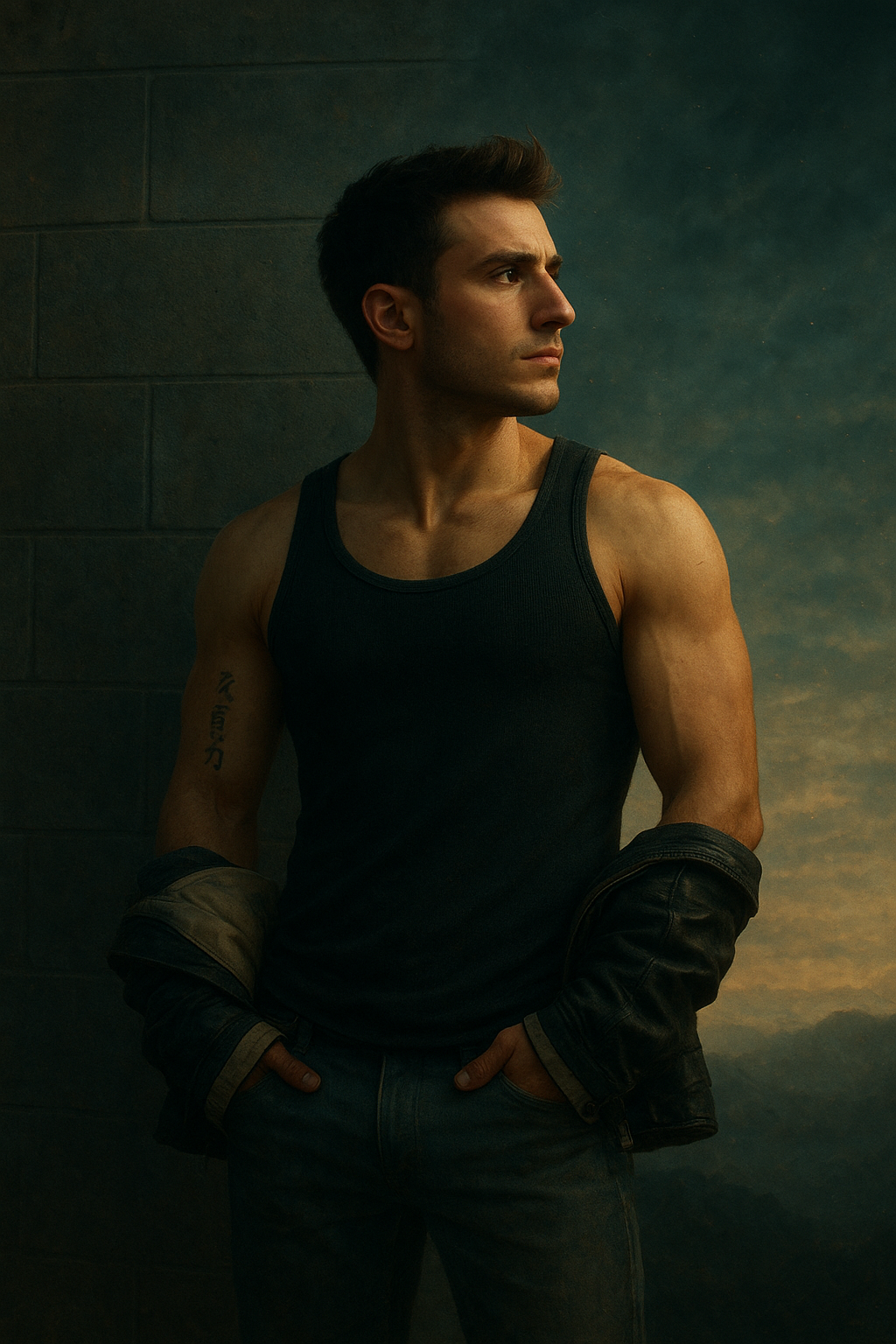 a man in a black tank top standing in front of a brick wall