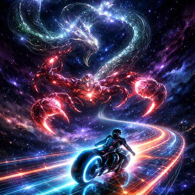 Neon-Futurism Digital Art Style, Bioluminescent Sci-Fi Cosmic Setting. A sleek, futuristic scene set deep in the interstellar void, with absolutely no Earth terrain, asphalt, or atmosphere visible. The Path (The Ecliptic): The "road" is a floating, translucent highway constructed entirely of glowing blue and orange laser grids and condensed stardust, arcing through infinite dark space with dynamic curves. The Rider: A lone rider on a futuristic, hubless "light-cycle" sportbike speeds along this cosmic path at high velocity. The rider is fully encased in a sleek, glowing armored suit with an integrated full-face helmet, leaving a vibrant neon light trail behind them, evading danger with sharp maneuvers. The Constellation (Intense Scorpio and Ophiuchus): Dominating and towering overhead is the immense celestial symbol of Scorpio: a massive, menacing scorpion made of deep crimson glowing stars, luminous energy threads, and bioluminescent nebula plasma, with razor-sharp claws extended and a long curved tail with a glowing stinger poised to strike downward. Directly intertwined and looming even larger above is the abstract form of Ophiuchus, the Serpent Bearer—no full humanoid figure, but represented by powerful restraining arms of shimmering silver and emerald stardust energy that grip and coil around the great serpent (a huge, writhing, translucent serpent of deep green and indigo nebulae). The serpent's body twists through the scene, partially merging with or being restrained from the scorpion's stinger, creating a dramatic overhead struggle. The floating cosmic highway arcs directly under this chaotic overhead clash, so the rider speeds beneath the extended claws of Scorpio while evading their grasp, passing through the shadows of the restrained serpent and Ophiuchus's holding energy as if threading a needle of peril and balance. Radiating intense deep red, crimson, emerald, indigo, and silver lights against the swirling nebula-filled void. Ultra-detailed, cinematic tension, sense of motion and imminent danger.

