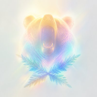 a roaring bear head above crossed pine branches, bold graphic composition on a plain background, no text