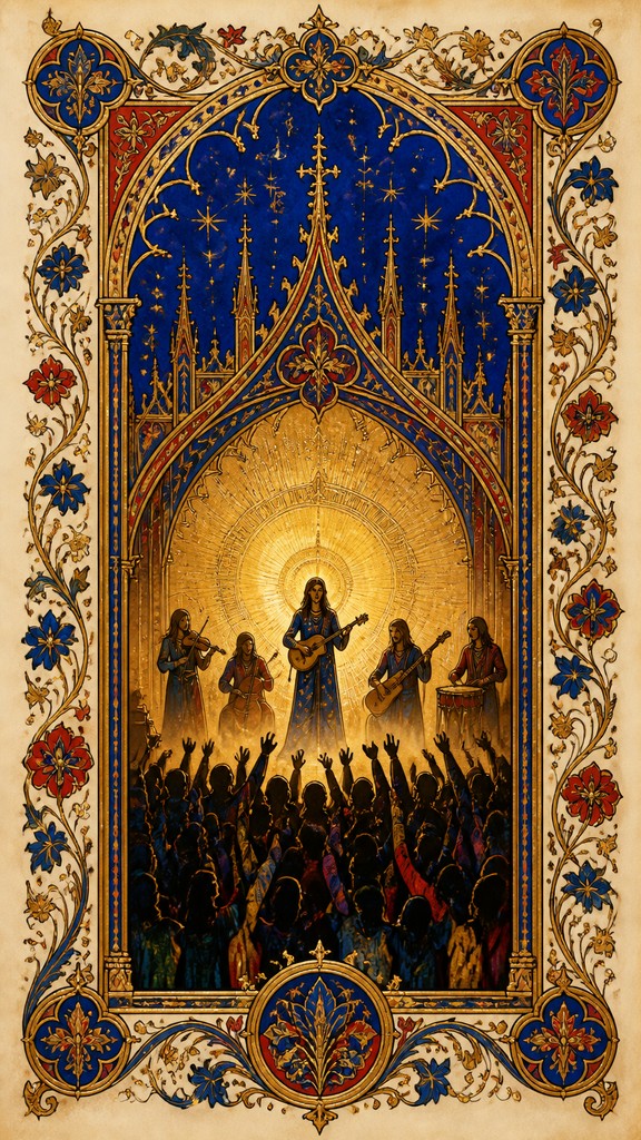 a live music scene with a glowing stage and silhouetted crowd, energetic vertical composition with open space at the top, no text