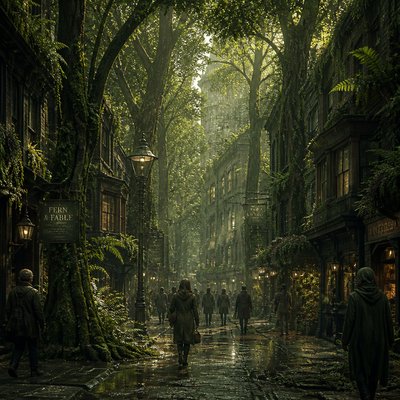 urban street with city activity — Forestcore Aesthetic