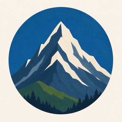 an emblem of a mountain peak inside a circle, simple bold shapes on a plain background, no text or lettering