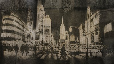 bustling city street panorama at dusk