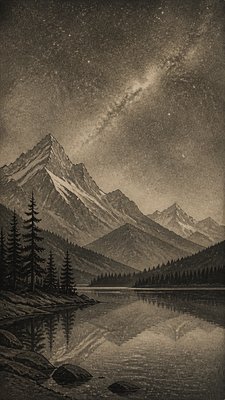 a tranquil mountain lake beneath a starry night sky, no people, no text