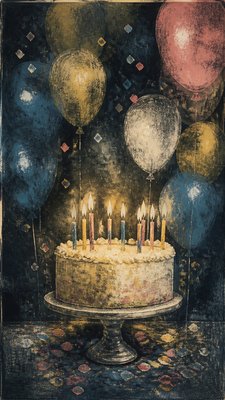 a birthday cake with lit candles surrounded by balloons and confetti, festive vertical composition, no text