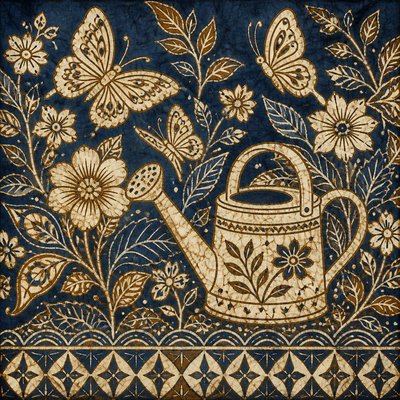a garden scene with butterflies, flowers and a watering can, clean uncolored line art, no text