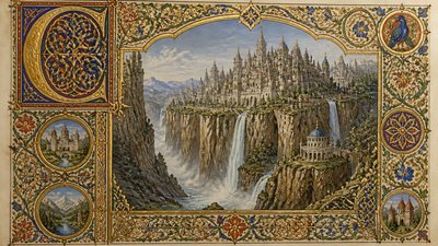 a cliffside city with waterfalls cascading into a misty canyon, wide establishing shot, no people, no text
