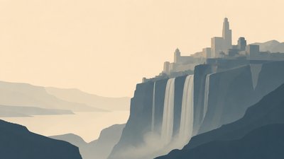 a cliffside city with waterfalls cascading into a misty canyon, wide establishing shot, no people, no text