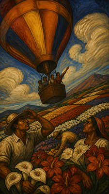 a hot air balloon drifting over rolling flower fields on a sunny day, cheerful, no text