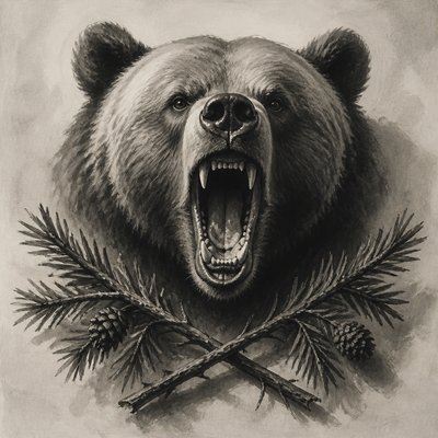 a roaring bear head above crossed pine branches, bold graphic composition on a plain background, no text