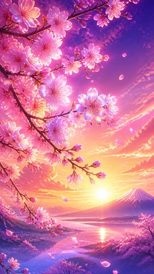 cherry blossom branches against a soft dawn sky, no people