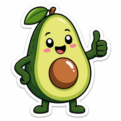 a happy avocado character giving a thumbs up, bold readable design on a plain background, no text