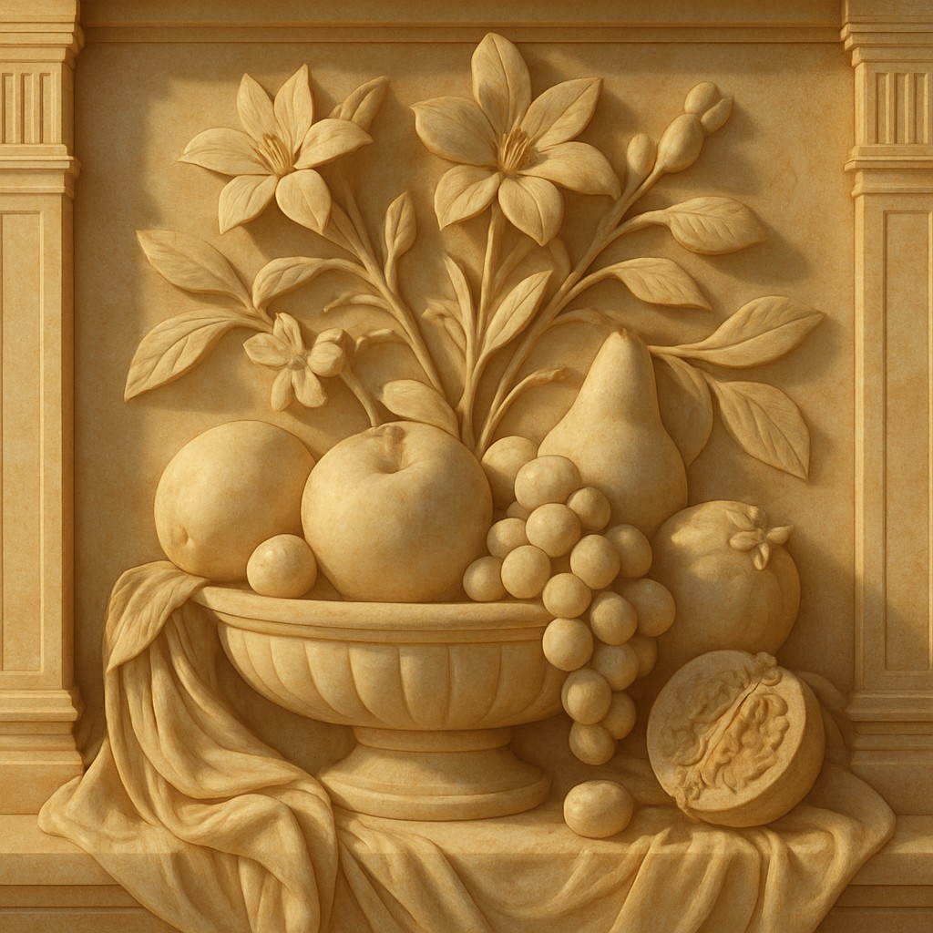 still life arrangement of fruits and flowers