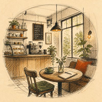 cozy cafe interior with warm lighting