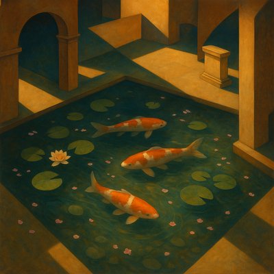 A koi pond seen from above, orange and white koi fish swimming among lily pads, clear water with subtle ripples, fallen cherry blossom petals floating on the surface, dappled sunlight