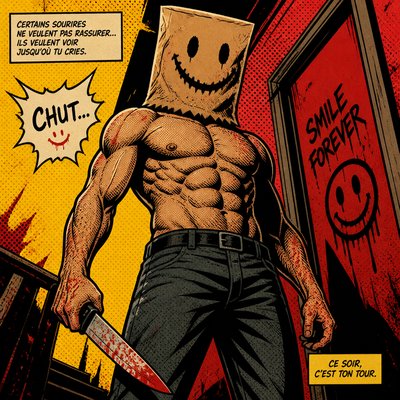 Je veux que tu me dessines un homme abdo incroyable un peu comme un slasher avec un couteau et un mask en paper bag avec un sourire creepy il a un pantalon normal
