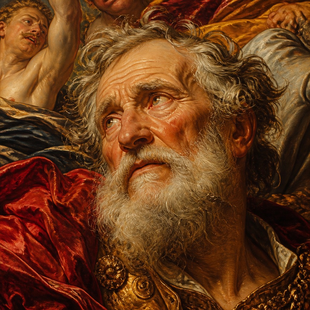 close-up portrait of an elderly person with expressive weathered features — Antwerp Baroque Art Style